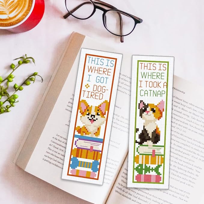 ORIGACH 6 Pcs Cross Stitch Bookmark Kit for Beginner Adults, Cute Animals and Books Stamped Embroidery Bookmark Kit with Instruction for Starters Printed Cross Stitch DIY Kits for Book Lovers