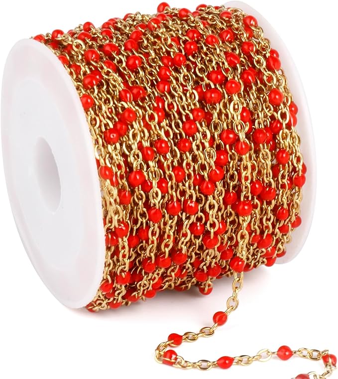 33 Feet Gold Enamel Chains Bulk, 2mm 18K Gold PVD Plated 304 Stainless Steel Red Enamel Beaded Cable Link Chain Roll Spool for Jewelry Making