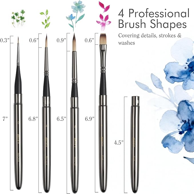 Artify Travel Watercolor Brushes, Outdoor Paint Brushes, Water Color Paint Brush Set with Anti-Rust Polished Metallic Gray Finish, Painting Brushes for Watercolor Gouache Ink - Gift for Artist (4PCS)