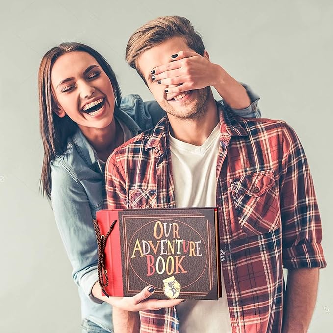 Our Adventure Book Handcrafted 11.92 x 7.62" Leather-Bound Scrapbook with 80 Pages, Embossed Lettering, Inspired by 'Up', Ideal for Photos, Weddings&Travel Memories Gift Box Included (Handmade Book)