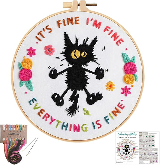 Louise Maelys Cute Cat Embroidery Kits for Beginners,Adults Starter Cross Stitch Kit with Funny Animal Pattern,DIY Needlepoint Everything is Fine