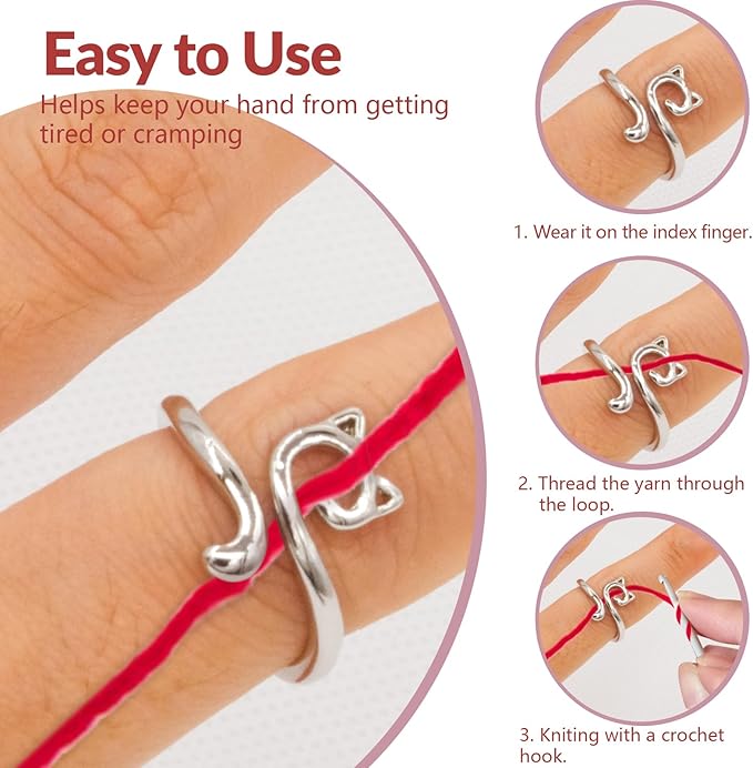 LBU 5Pcs Crochet Ring + 100Pcs Stitch Markers Adjustable Crochet Tension Rings for Finger Handmade Open Yarn Guide Crocheting Rings Knitting Accessories with Box Crochet for Crocheters Knitters(Cat)