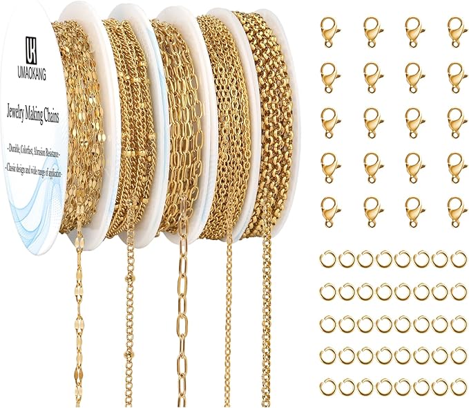 UMAOKANG 5 Rolls 39.4 Feet Gold Plated Stainless Steel Chains for Jewelry Making Dainty Jewelry Making Chains Bulk with Jewelry Findings