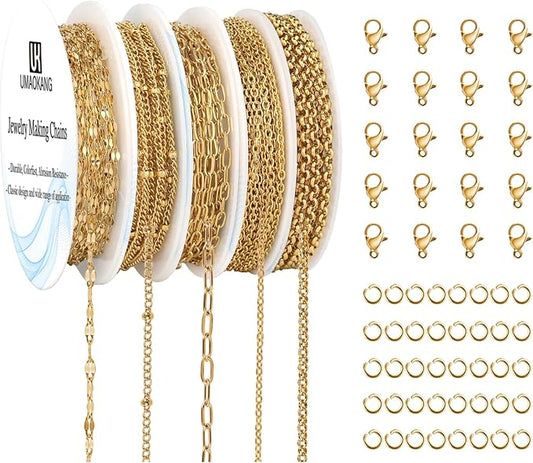 UMAOKANG 5 Rolls 39.4 Feet Gold Plated Stainless Steel Chains for Jewelry Making Dainty Jewelry Making Chains Bulk with Jewelry Findings