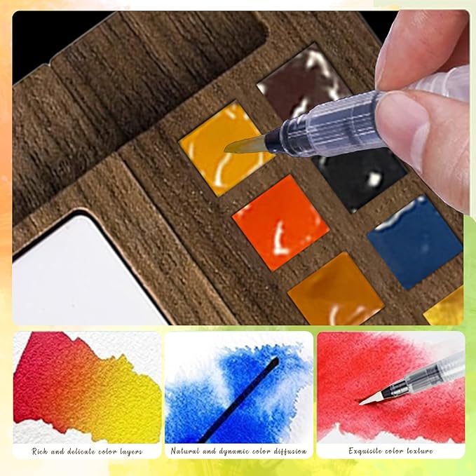 Mini Paint Palette Travel kit - Mini Watercolor Palette Set, Pocket Artist Water Color travel Set with Colours, Binder Clips, Watercolor Pens, Wooden Paint Box for Painters Artists Students