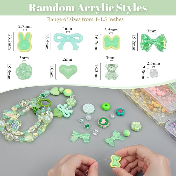 LAIDANLA Acrylic Green Beads for Keychain Making Green Cute Beads for Jewelry Bracelets Necklace Phone Charm Assorted Random Aesthetic Kawaii Kandi Bead Charms 160g