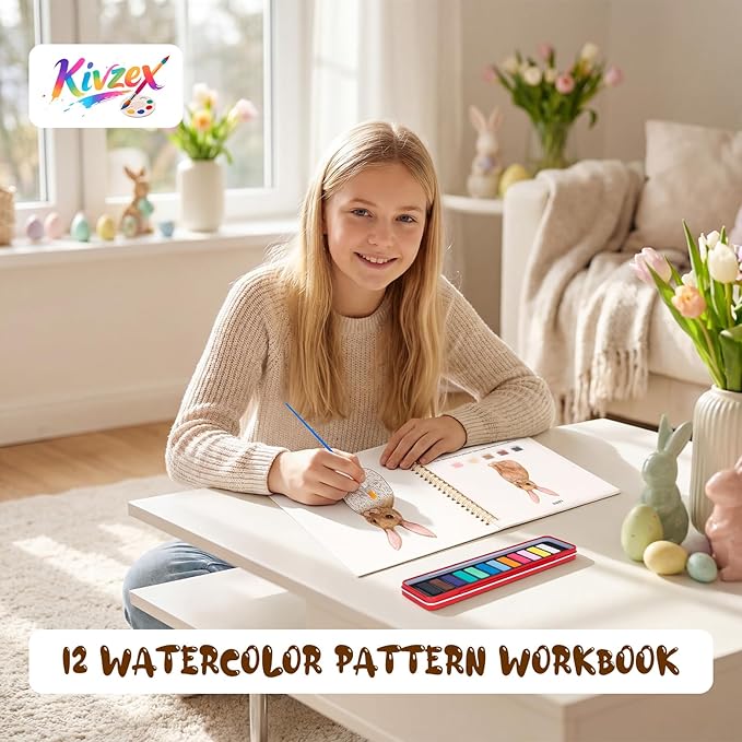 Easter Watercolor Workbook for Adults, Beginner Friendly Watercolor Painting Kit Bunny Eggs Water Coloring Book, Nature-Themed Practice Art Gift Water Color Paint Book with Palette and Brush