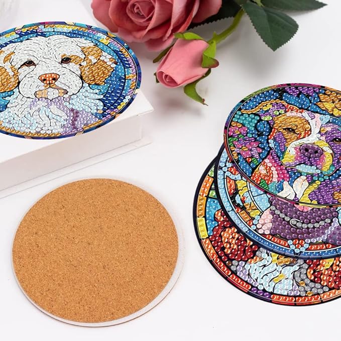 igoodom 8 Pcs Dog Diamond Art Coasters Kit with Holder, DIY Stained Glass Style Dog Diamond Painting Coasters for Beginners Adults, Non Slip Diamond Art Kits Craft Supplies 4x4in