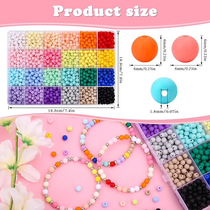 1440Pcs 6mm Candy Color Matte Acrylic Round Beads, 24 Colors Assorted Plastic Bubble Gum Beads with Hole Loose Beads Bulk for Bracelets Necklace Jewelry Making DIY Crafts