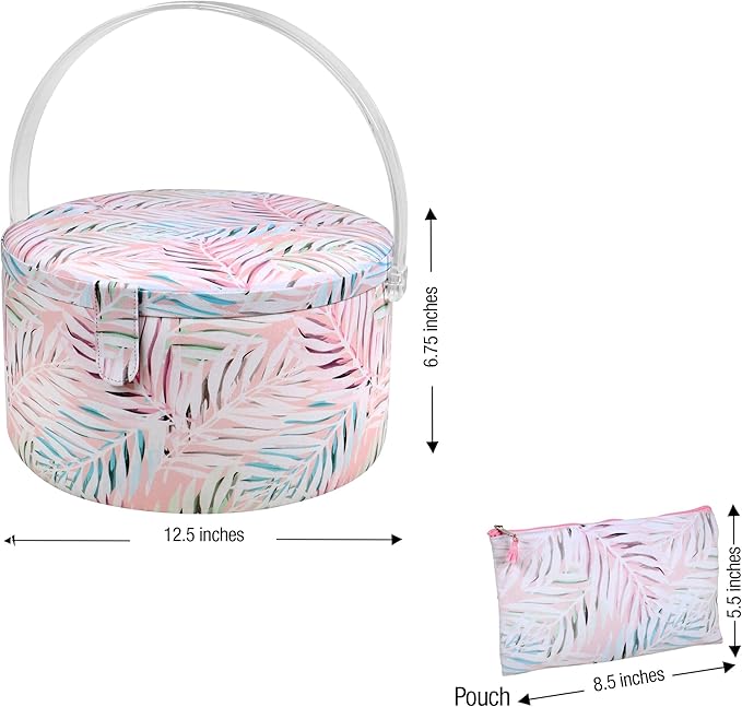 SINGER Premium Round Large Sewing Basket with Matching Zipper Pouch and Emergency Sewing Kit | 30% More Storage Volume (Pastel Palm Leaf)