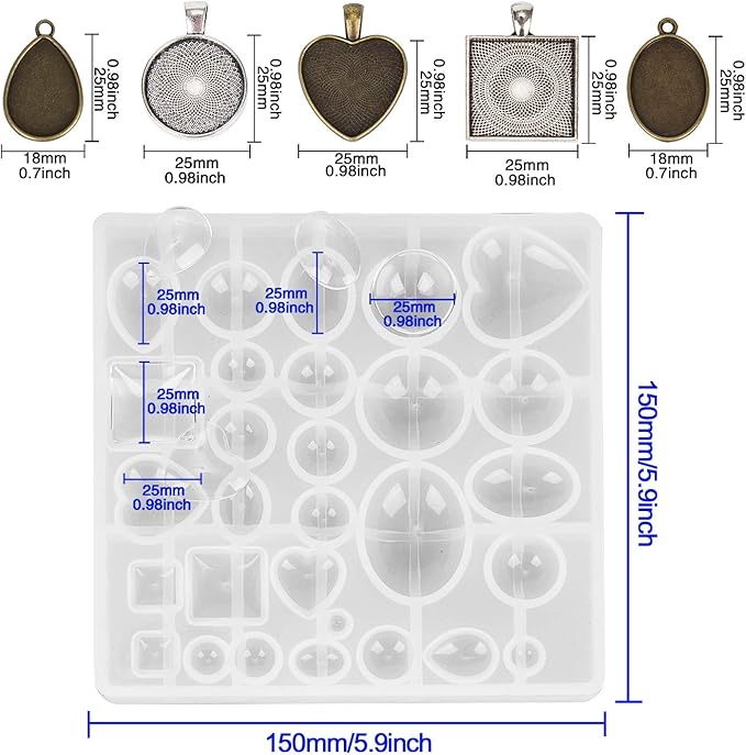 HOMEIDOL Resin Jewelry Molds Pendant Trays Making Kit with 30pcs 5 Styles Metal Pendants and 1pc Silicone Epoxy Casting Mold for Pendant Crafting DIY Gifts