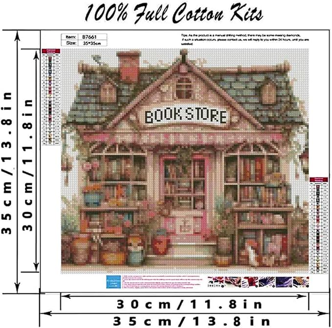 MYBISYMQQ Book Store Cross Stitch Kits for Adults,11CT Stamped Cross Stitch Kits for Beginner,DIY Needlepoint Embroidery Patterns Kits Embroidery Patterns for Home Wall Decor 13.7x13.7 inches