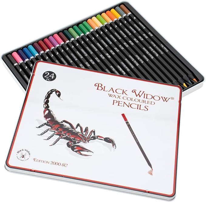 Black Widow Coloring Pencils for Adults – 24 Wax Soft Core Colored Pencils for Adult Coloring Books – Vibrant Color Pencil Set (Scorpion Set)