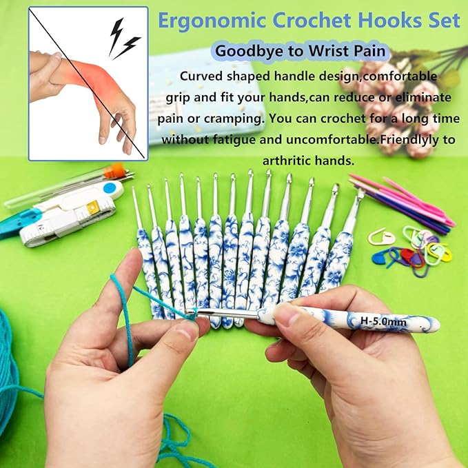 Hobekoee 14 Sizes Crochet Hooks Set,2.25mm(B)-10mm(N) Ergonomic Handle Crochet Hook for Arthritic Hands,Long Crochet Needles Set with Case for Beginners and Enthusiasts