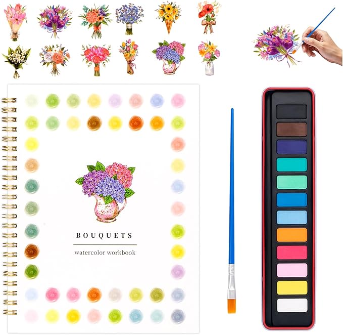 Watercolor Workbook for Adults, Beginner Friendly Watercolor Painting Kit Bouquet Water Coloring Book, Nature-Themed Practice Art Gift Water Color Paint Book with Palette and Brush