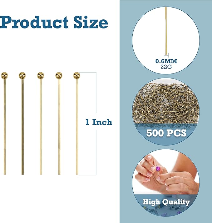 Mandala Crafts 1 Inch Antique Brass Ball Head Pins for Jewelry Making Earring Making Supplies - 500 Jewelry Findings for Making Earrings DIY Bracelets Rosary Charms