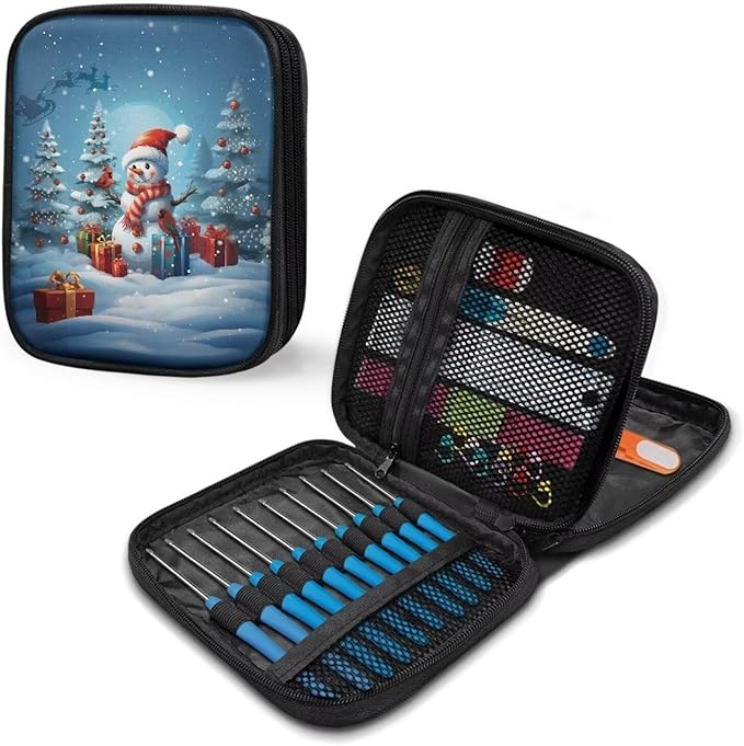 Hechitok Christmas Tree Snowman Empty Crochet Hook Case Portable Travel Crochet Storage Bag Organizer Zipper Bags with Web Pocket and Crochet Holder Slots for Crochet Knitting Accessories
