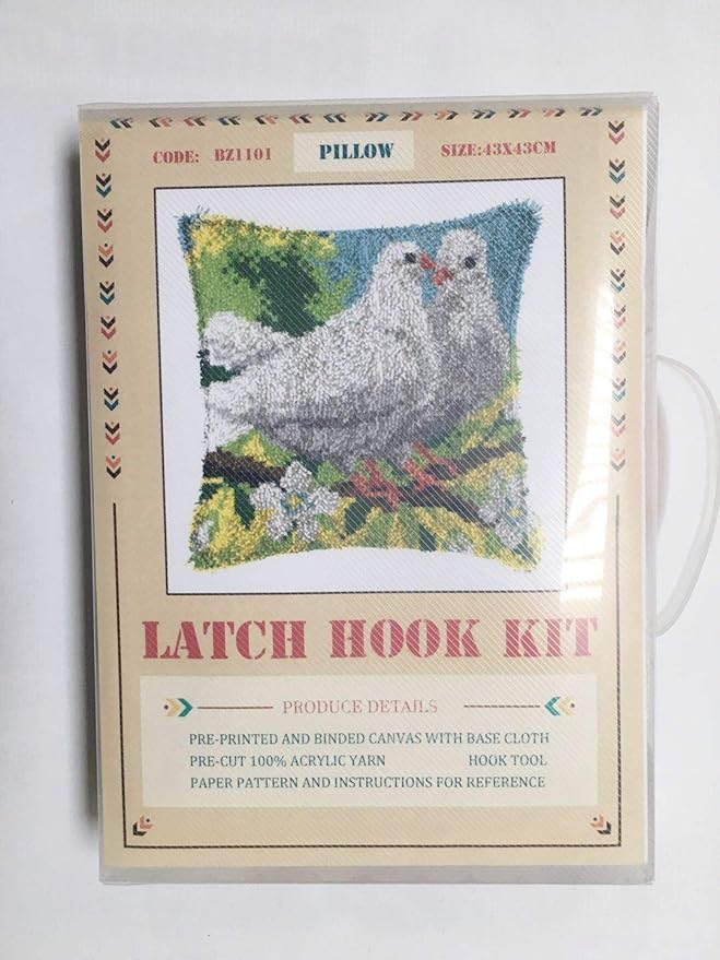 LAPATAIN Latch Hook Kits for DIY Throw Pillow Cover,Needlework Cushion Cover Hand Craft Crochet for Great Family 17X17inch White Dove