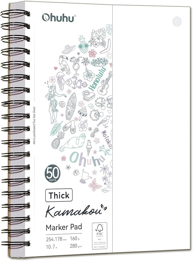Ohuhu Double-Sided Marker Pad, Bleedproof Art Sketchbook – 7"x10" Large, 160 lb/280 GSM Heavyweight Smooth Paper – 50 Sheets/100 Pages, Spiral-Bound Drawing Book for Alcohol Markers