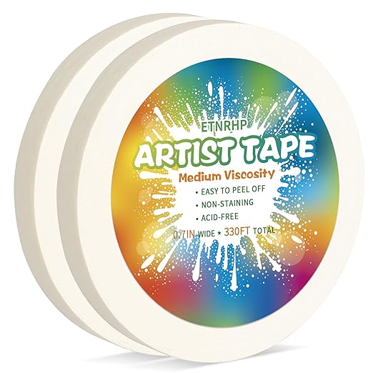 2 Packs White Art Tape Medium Tack Artist Masking Tape Paper Acid Free Tape Watercolor Painters Tape Artists Tape for Drafting Art Watercolor Painting Canvas Framing, 0.7 inch Wide 330FT Long