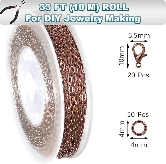 jishi 33ft link cable chain roll 2mm, red copper chain for jewelry making necklace earring bracelet diy craft jewelry making findings supplies, copper plated iron metal rolo necklace chain spool set