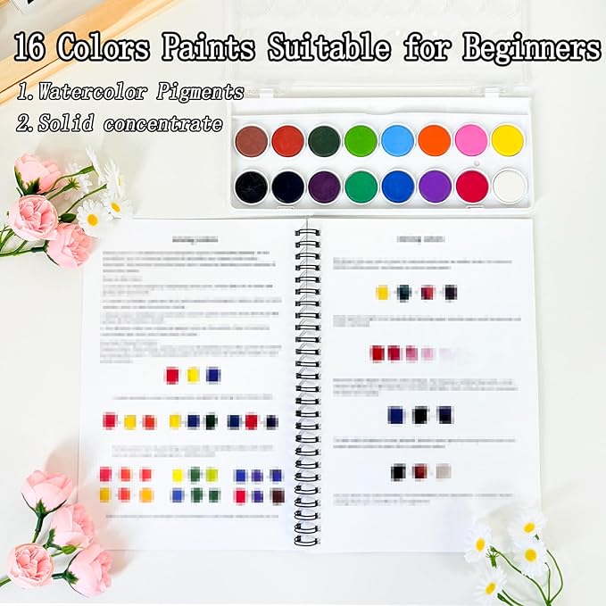 SLWBZ Watercolor Workbook Pink Flowers, 15 Different Patterns of Original DIY Designs, 16 Color Watercolor Paint Plates with Palette and Brush, Beginner-Friendly Watercolor Workbooks, Pink Hydrangea
