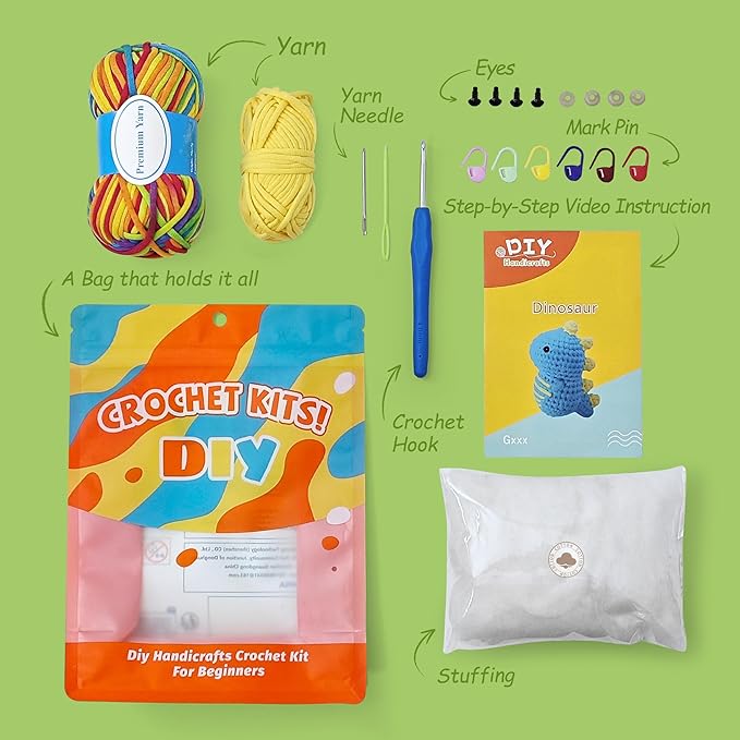 Kovarela Beginners Crochet Kit with Simple Crochet Yarn - with Step-by-Step Video Tutorials (Rainbow Dinosaur)