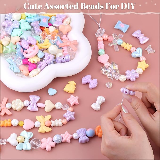 200-260pcs tinkrstuff assorted acrylic beads macaroon color cute beads for bracelet making, bow aesthetic gummybear candy butterfly kawaii charms for jewelry making diy necklace keychain phone charm