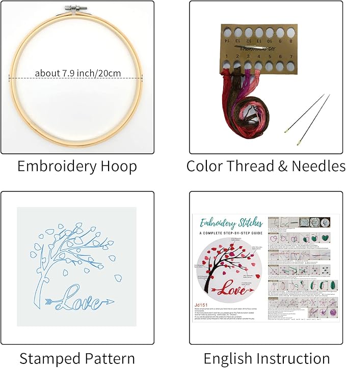 Louise Maelys Love Heart Tree Beginners Embroidery Kits,Cross Stitch Starter Kit for Adults Including Cloth with Lovers Pattern Hoop Needles Instruction and Threads