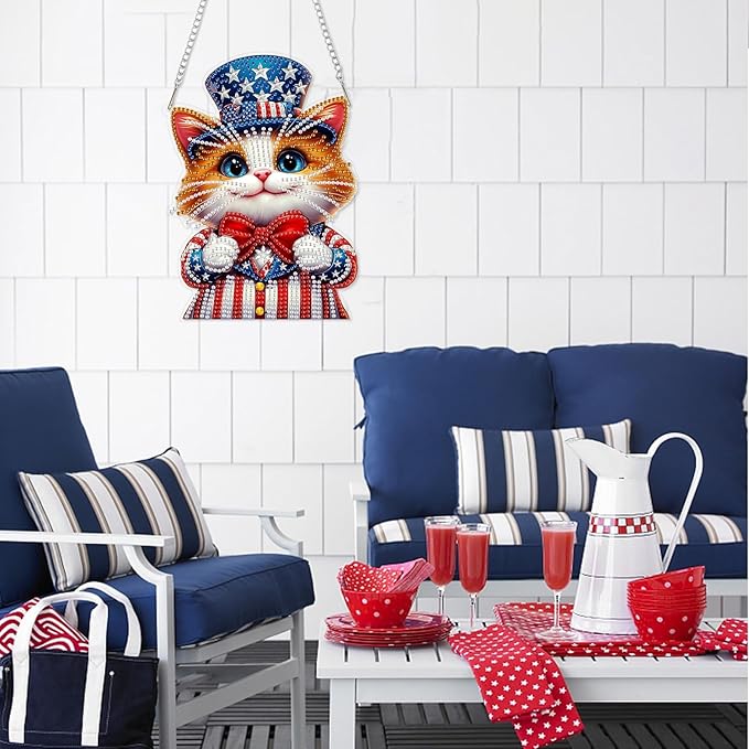 DOMROM 4TH of July Diamond Art Hanging Kit for Adult, Cat Diamond Art Hanging Kit, Patriotic DIY Diamond Art, Independence Day Diamond Hanging Pendant, Window Pendants Garden Wall Hanging Ornament