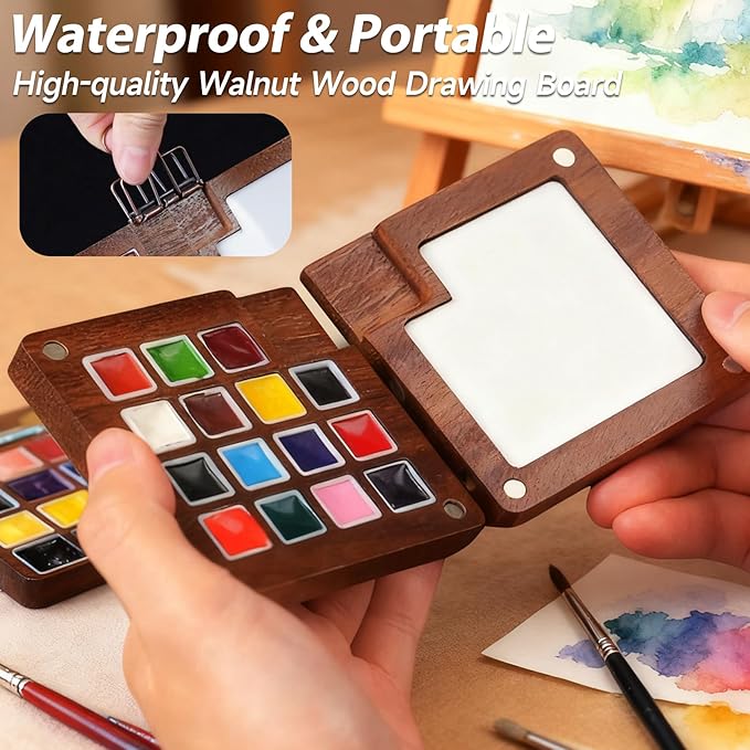 Mini Watercolor Paint Set,Portable Travel Watercolor Set,Pocket Watercolor Kit with Paint, Brush, Sketchbook & Metal Clip, Paint Water Cup and Crossbody Bag for Beginners, Painting Artists