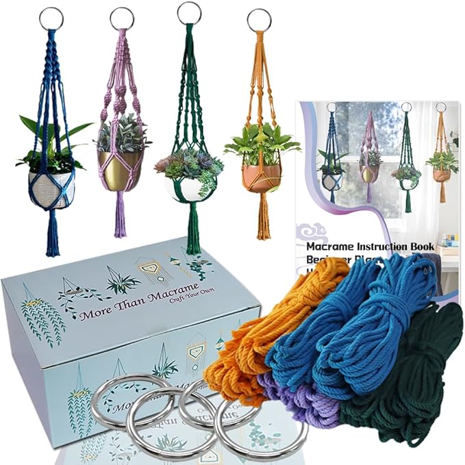 ewparts macrame plant hanger kit with instruction book tutorials metal rings 4mm macrame cord green/purple/orange/blue pre-cutted for making 4 macrame plant hangers macrame kit for adults beginners