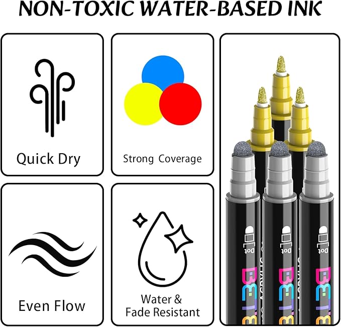 Betem 6 Gold&Silver Dual Tip Acrylic Paint Pens Markers, Fabric Decorating Kits Premium Water-Based Acrylic Paint Markers for Fabric, Rock, Wood, Glass, Eggs, Canvas, Ceramic, Easter Basket Stuffers