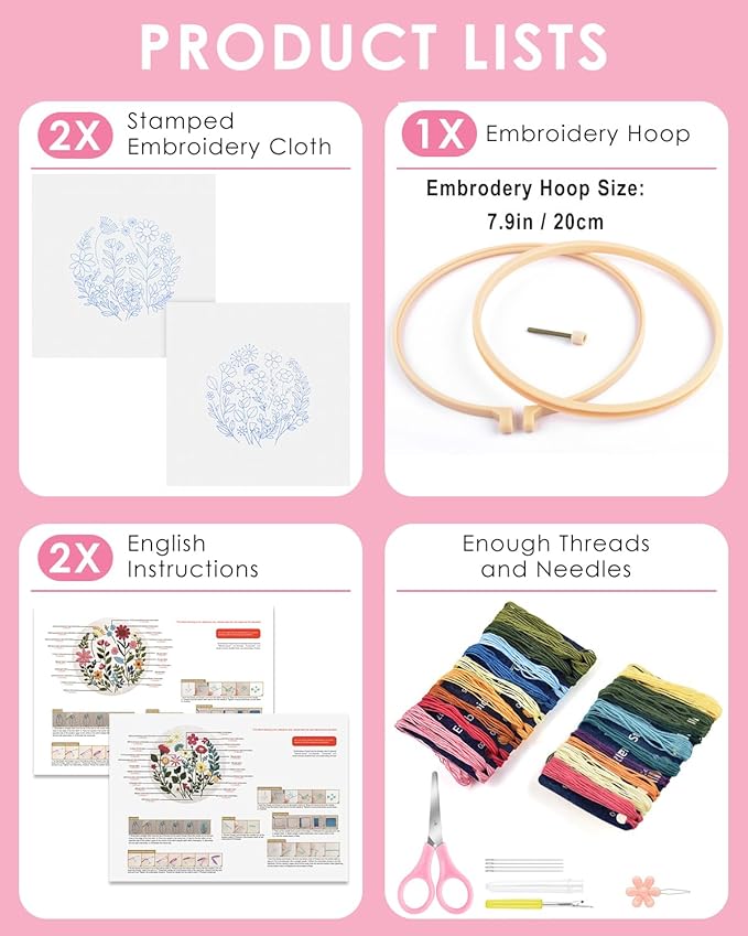 TINDTOP Embroidery Kit for Adult, Owl Embroidery Kit for Beginners Include Embroidery Cloth Hoops Threads for Craft Lover Hand Stitch with Embroidery Skill Techniques (Florals)