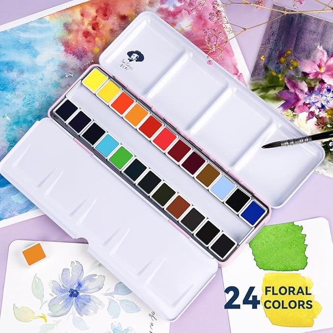 Paul Rubens Watercolor Paint Set Artist Grade, 24 Vivid Floral Colors with Portable Metal Box for Artists, Beginners, Hobbyists, Students