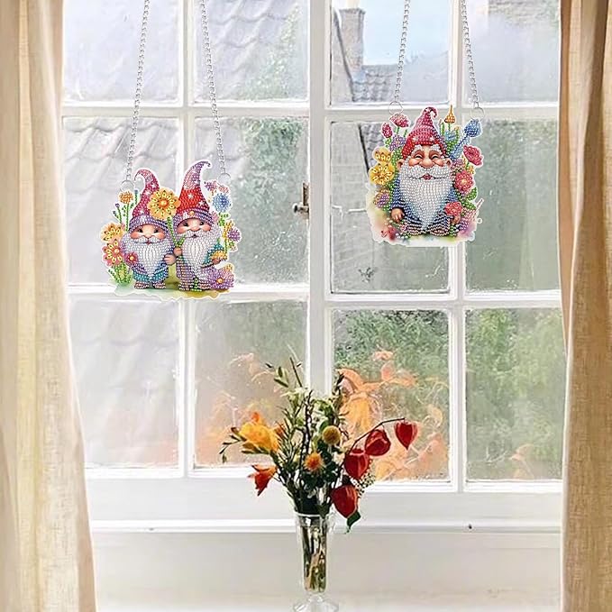 2 Pcs DIY Diamond Painting Gnome Hanging Ornaments – 5D Special-Shaped Dwarf Pendants with Floral Accents, Acrylic Window & Wall Decor Kit for Home and Gift
