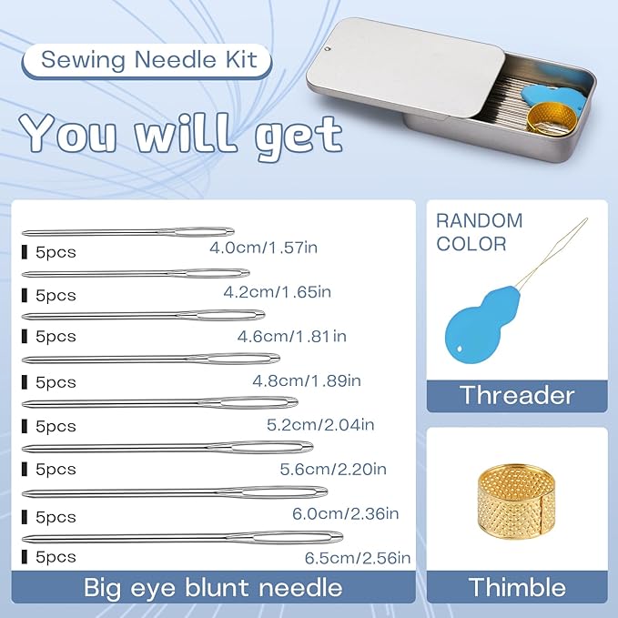 TLKKUE 100/40 Pcs Large-Eye Blunt Needles, Tapestry Needle with Needle Threader Thimble, Steel Yarn Needles for Sewing Knitting Crafting Weaving Crochet Tapestry (Silver, 8 sizes/40 pcs)