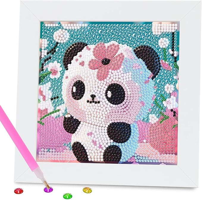 PERFECTSIGHT Cute 5D Diamond Art Kits with Wooden Frame, Kawaii DIY Painting Art for Adults Teens, Diamond Arts and Crafts Sets, Big Gem Full Drill Diamond Dots for Women Beginners (Flower Panda)