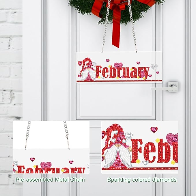 Diamond Painting Kits Hanging Pendants, DIY Wreath Crystal Rhinestone Wreath Kits, Colored Imitation Art Point Diamond Art Window Pendants Home Garden Wall Door Birthday Festival Gifts (February)