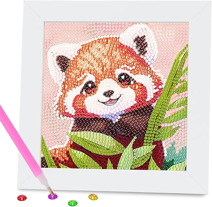 FlyingMage 5D Diamond Art Painting Kits with Wooden Frame, Cute DIY Diamond Art Mosaic Kits for Adults Women Teen, Kawaii Diamond Crafts Arts Full Drill Diamond Dots (Orange Red Panda)