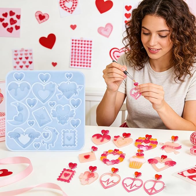 4 Pack Heart Resin Earring Molds Love Heart Flower Shape Earring Silicone Molds for Mother's Day Epoxy Casting UV Resin Molds with 200 Earring Hook kit for DIY Crafts Jewelry Making Keychains Pendant