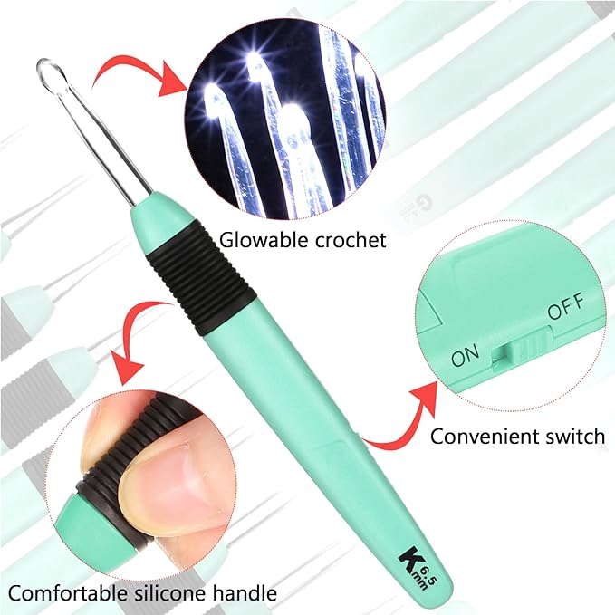 Chuangdi 9 Pieces Lighted Crochet Hooks with Case 9 Size LED Light Crochet Hooks Set Knitting Needles Craft Yarn Weaving Needles Comfortable Smooth Handle for Knitting, 2.5 mm-6.5 mm(Green)