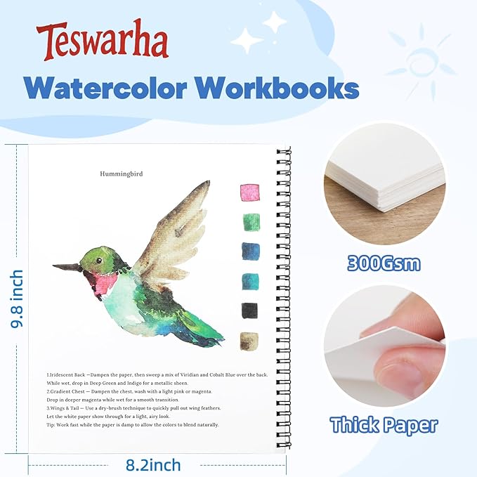 Teswarha Watercolor Workbook Using Thick Real Cotton Watercolor Paper for Adults Teens Spiral Bound 300GSM Art Paper 12 Sheets Birds 8.2 x 9.8in