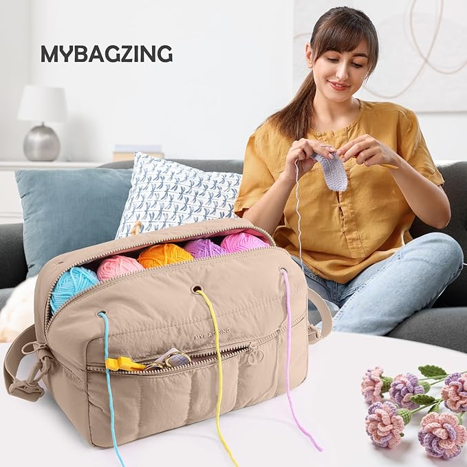 MYBAGZIGN Crochet Bag Organizer for Yarn & Hooks, Large Capacity Yarn Storage Bag with Yarn Holder Holes, Portable Crochet & Knitting Bag for Crocheting on The Go, Craft Travel Bag Gifts for Women