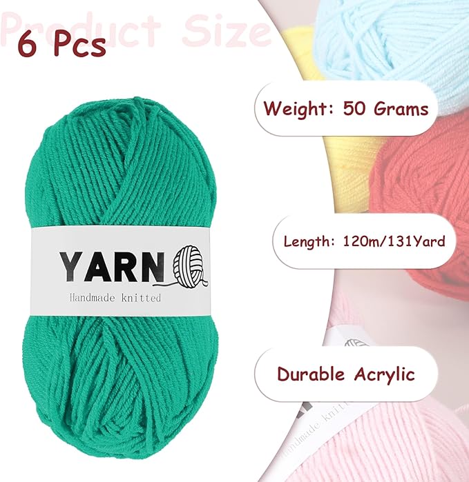 6Pcs Pale Green Acrylic Yarn 790 Yard 4 Ply Soft Crochet Yarns Sport Weight Yarn,[for DIY Crocheting Knitting Craft Blankets Hats]-300g