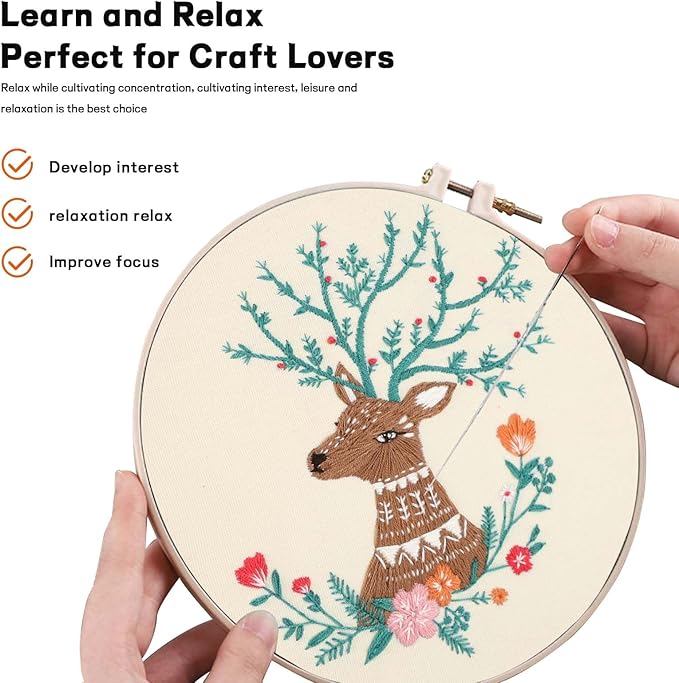 JOINRUN Beginner Embroidery Kit for Adults, Deer Cross Stitch Kits with 7.9" Hoop, Threads, Needles, Learn Stitches with Pre-Printed Patterns, Video Tutorial, DIY Needlework Craft Gift for Women