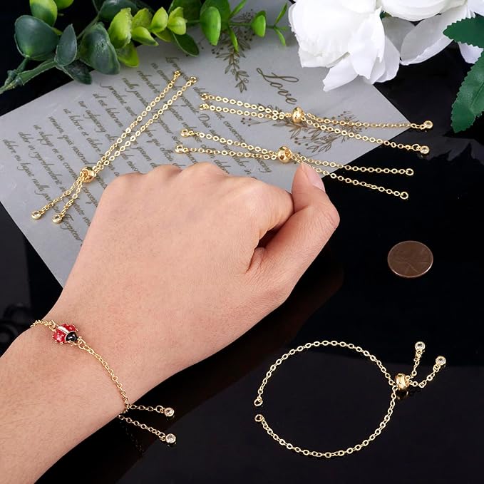 FASHEWELRY 10Pcs 18K Gold Plated Cable Chains Bracelet Adjustable Slider Bracelet Slider Extender Chains with Cubic Zirconia Ends for Woman Girl Jewelry Making, 7.87 Inch Long