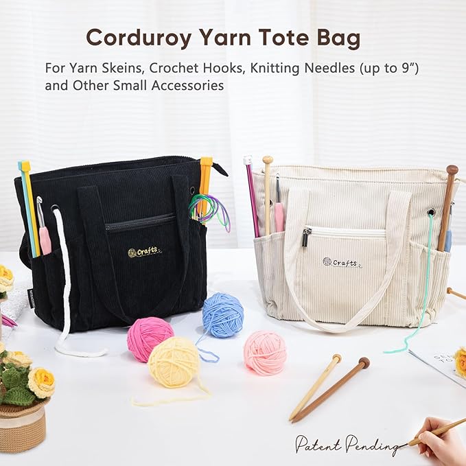 Crochet Bag and Tote - Corduroy Yarn Bag - Yarn Holder and Storage for Crochet Hooks, Knitting Accessories - Mother's Day Gift