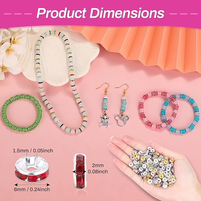 shynek 800 Pieces Rondelle Spacer Beads for Jewelry Making, 6mm Rhinestone Spacer Beads for Beaded Pens, Crystal Bead Spacers for Jewelry Making, Bracelets (10 Colors)