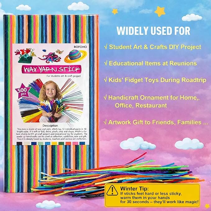 500PCS Wiky Sticks for Kids – Easter Gitfs Mess-Free Sensory Toy, Non-Toxic Wax Yarn Sticks for Travel, Road Trips, Airplane & Restaurant Activities, DIY Arts & Crafts, 13 Colors